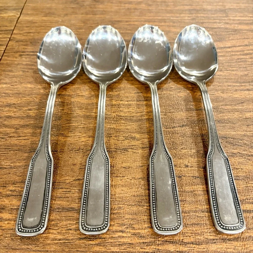 Salem 1776 Stainless SET OF 4 Oval Soup Spoons Beaded Edge Flatware Vintage 70s